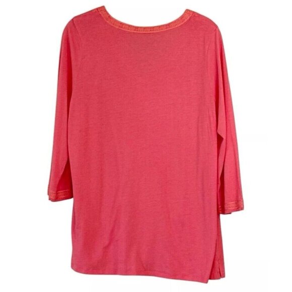 J. Jill Women's Long Sleeve Embroidered Three Button Cotton Coral Tee Top Size L - Picture 2 of 7